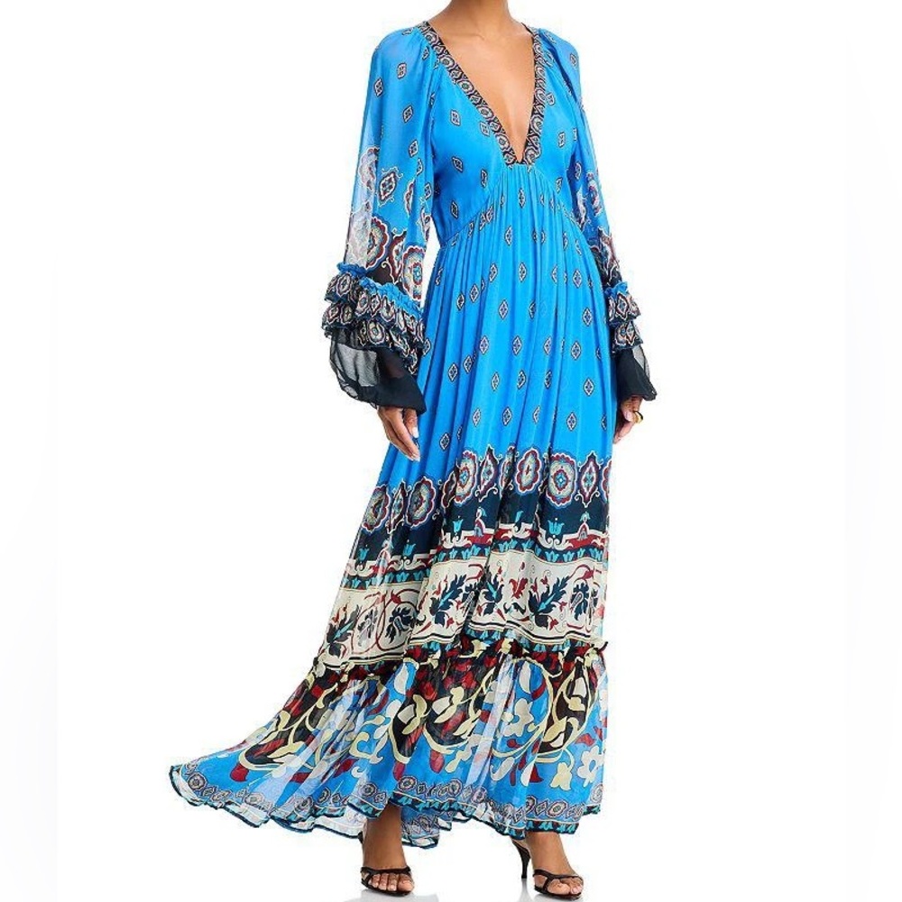 FARM Rio Anika Tiles Long Sleeve Blue Maxi Dress - Picture 3 of 16
